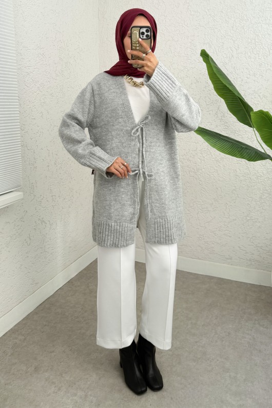 Çift Bağlamalı Düz Kesim Triko Hırka 07307 - GRİ