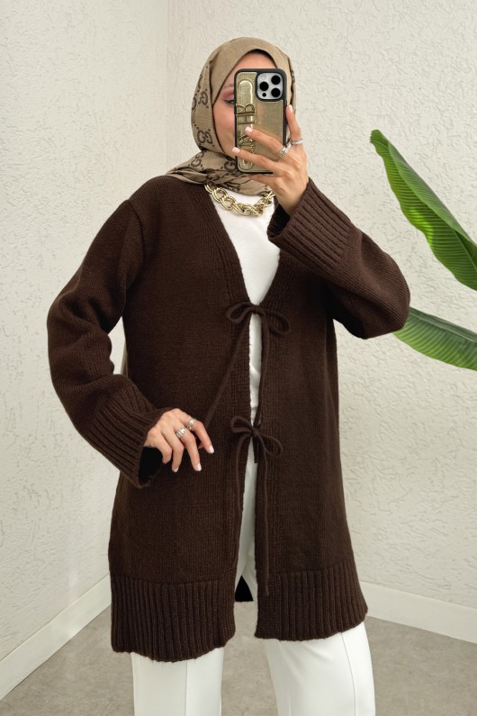 Çift Bağlamalı Düz Kesim Triko Hırka 07307 - KAHVERENGİ