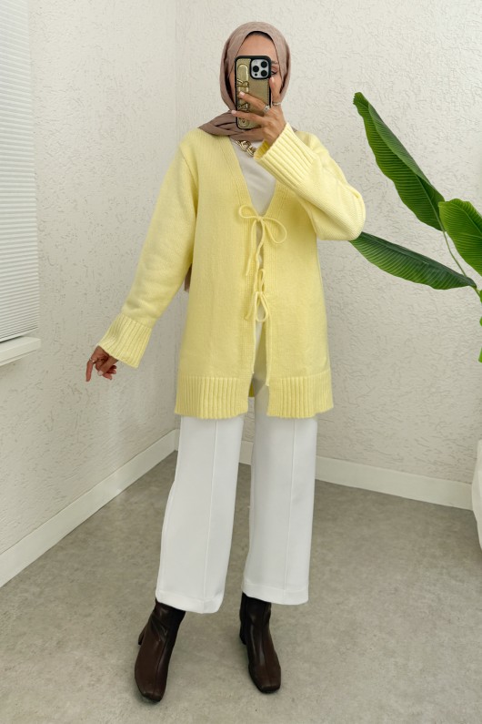 Çift Bağlamalı Düz Kesim Triko Hırka 07307 - SARI
