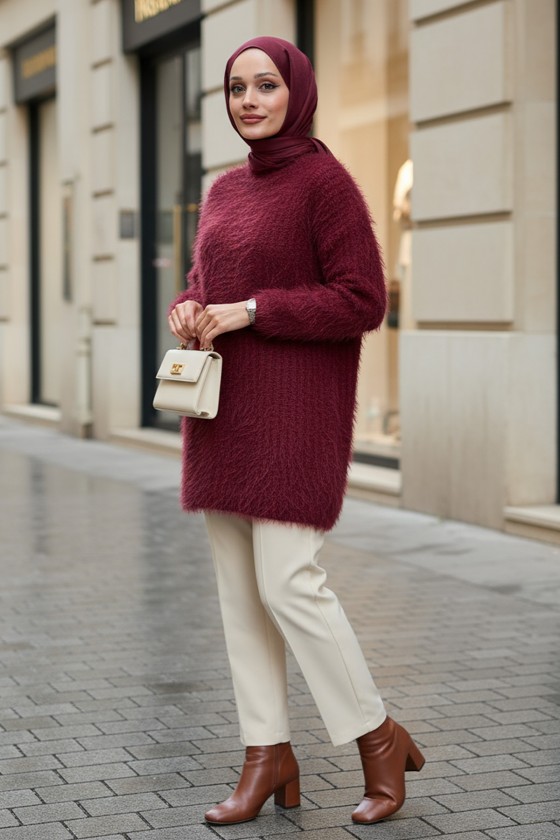 Sakallı Örme Triko Tunik 07314 - BORDO