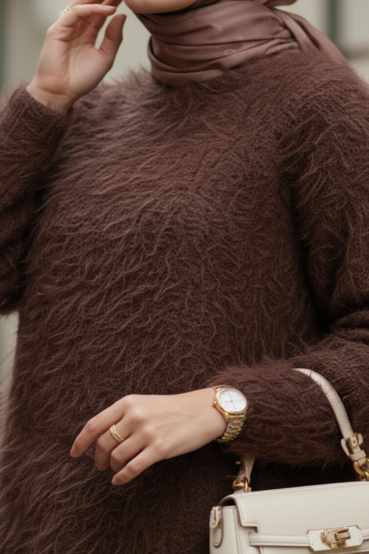 Sakallı Örme Triko Tunik 07314 - KAHVERENGİ