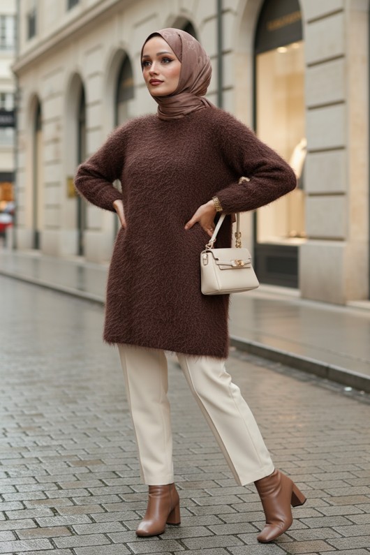 Sakallı Örme Triko Tunik 07314 - KAHVERENGİ