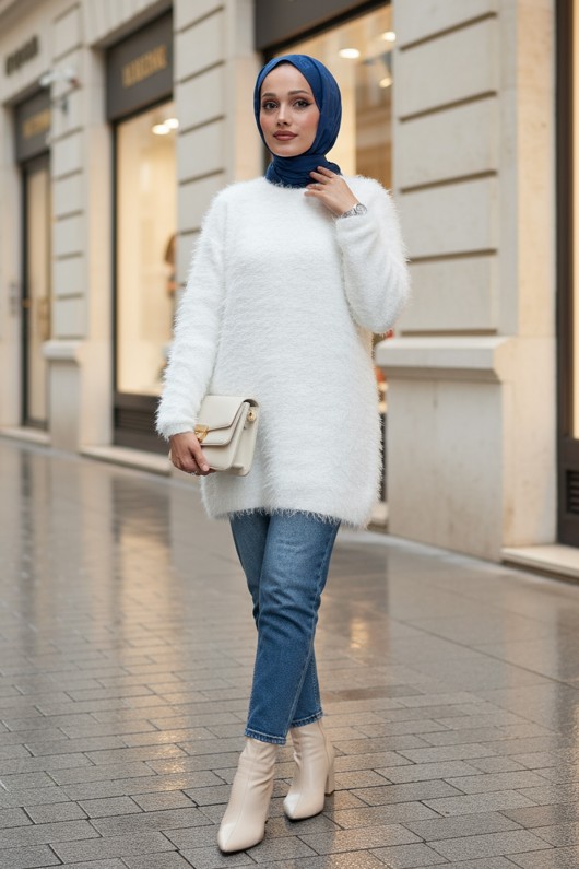 Sakallı Örme Triko Tunik 07314 - KREM