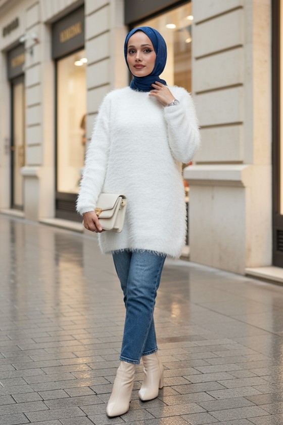 Sakallı Örme Triko Tunik 07314 - KREM Sakallı Örme Triko Tunik 07314 - KREM