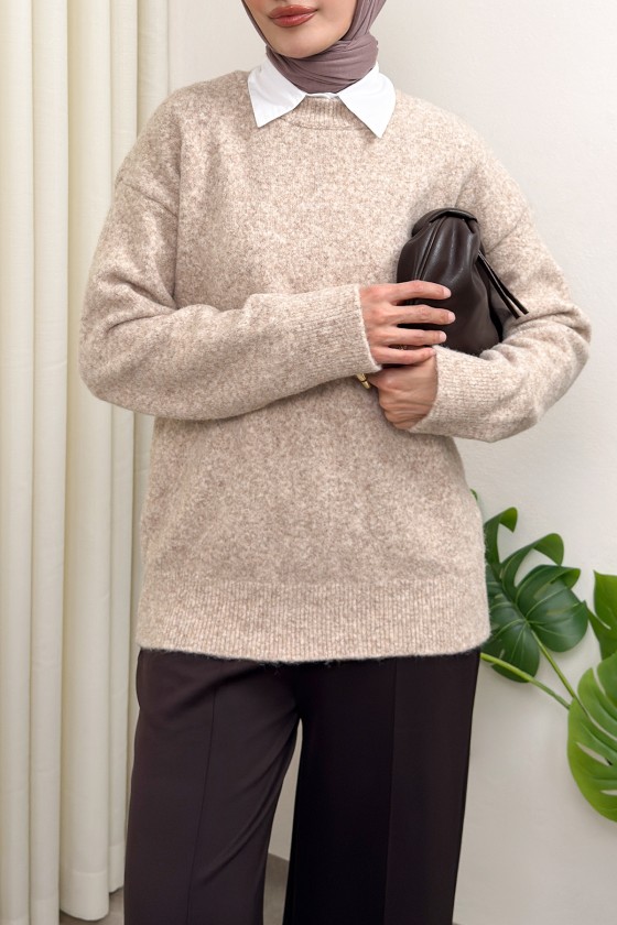 Yumuşak Dokulu Oversize Triko Kazak 07320 - BEJ