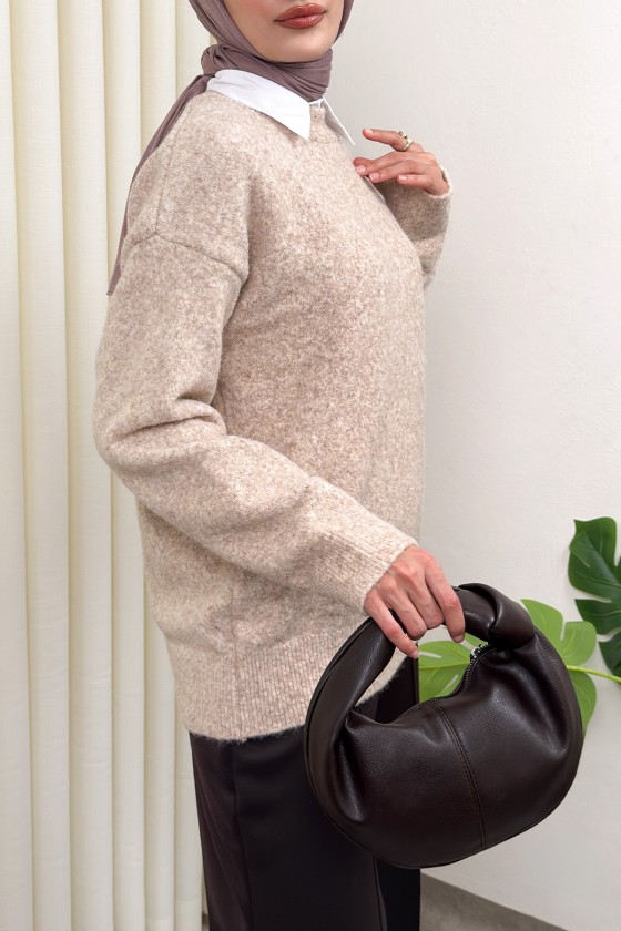 Yumuşak Dokulu Oversize Triko Kazak 07320 - BEJ