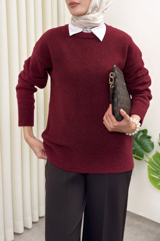 Yumuşak Dokulu Oversize Triko Kazak 07320 - BORDO