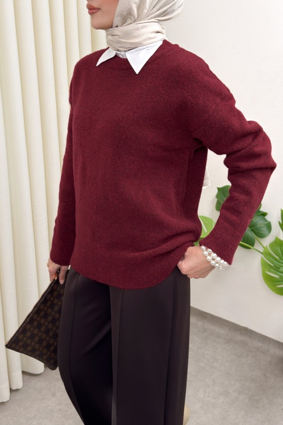 Yumuşak Dokulu Oversize Triko Kazak 07320 - BORDO
