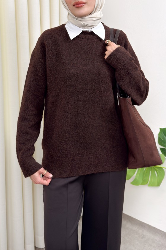 Yumuşak Dokulu Oversize Triko Kazak 07320 - KAHVERENGİ