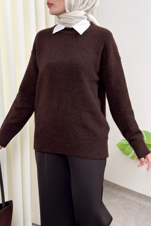 Yumuşak Dokulu Oversize Triko Kazak 07320 - KAHVERENGİ