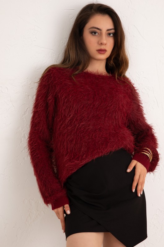 Kayık Yaka Sakallı Triko Kazak 07359 - BORDO