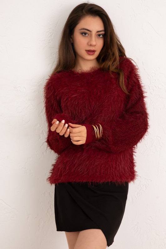 Kayık Yaka Sakallı Triko Kazak 07359 - BORDO