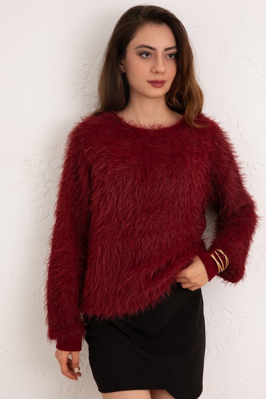 Kayık Yaka Sakallı Triko Kazak 07359 - BORDO