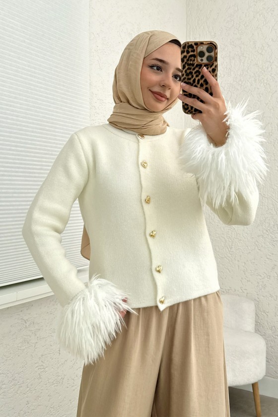 Kolları Püskül Detaylı Triko Hırka 07380 - KREM