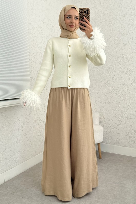 Kolları Püskül Detaylı Triko Hırka 07380 - KREM