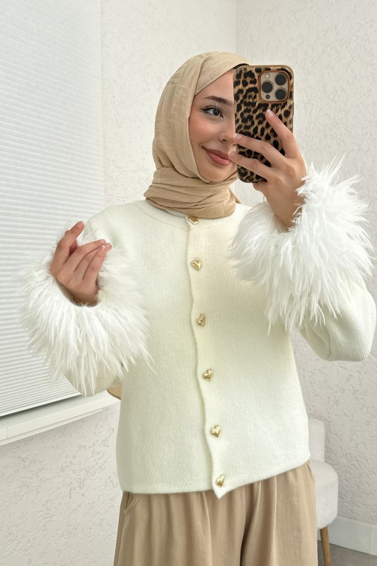 Kolları Püskül Detaylı Triko Hırka 07380 - KREM