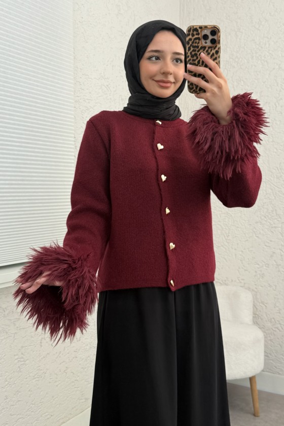 Kolları Püskül Detaylı Triko Hırka 07380 - BORDO