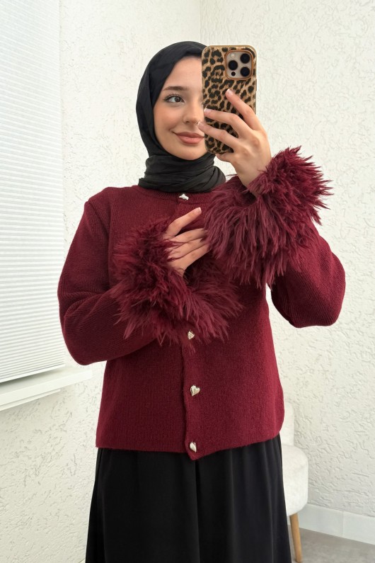 Kolları Püskül Detaylı Triko Hırka 07380 - BORDO