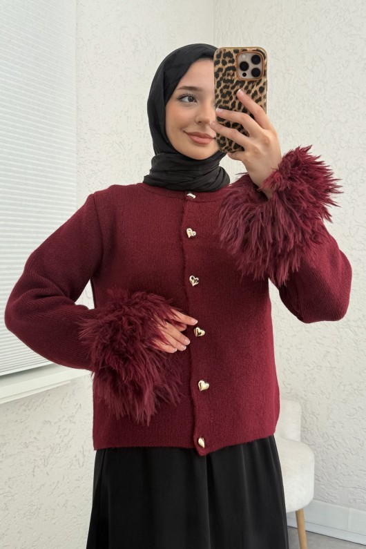 Kolları Püskül Detaylı Triko Hırka 07380 - BORDO