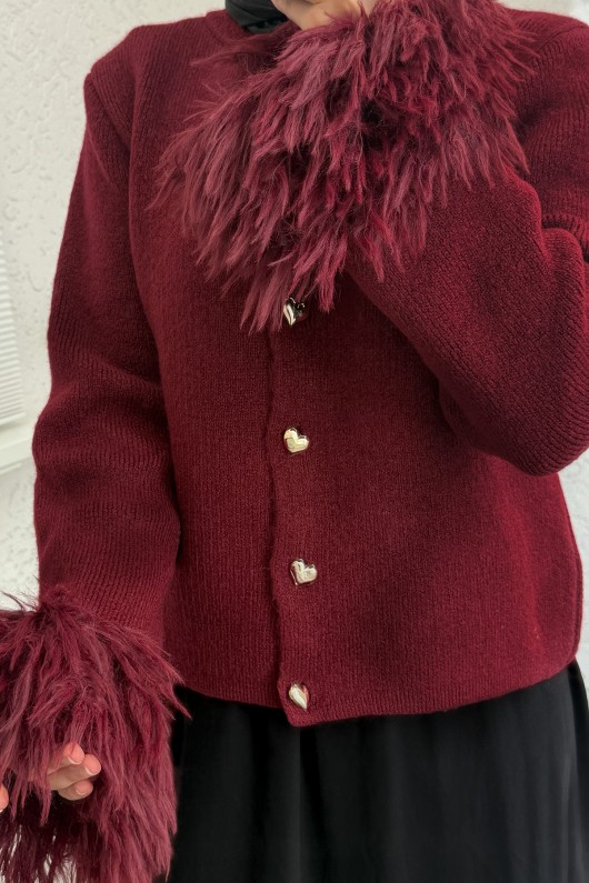 Kolları Püskül Detaylı Triko Hırka 07380 - BORDO