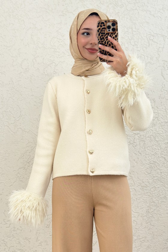 Kolları Püskül Detaylı Triko Hırka 07380 - EKRU