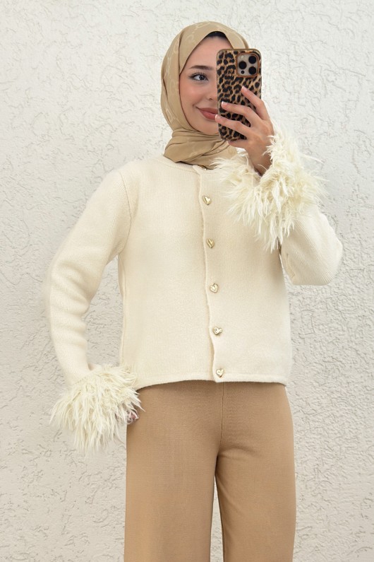 Kolları Püskül Detaylı Triko Hırka 07380 - EKRU