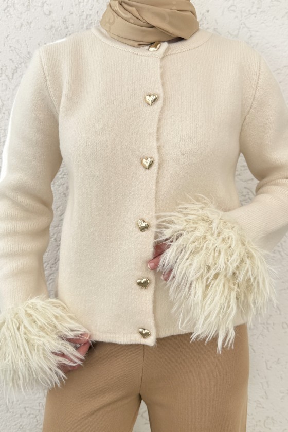 Kolları Püskül Detaylı Triko Hırka 07380 - EKRU