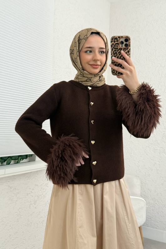 Kolları Püskül Detaylı Triko Hırka 07380 - KAHVERENGİ