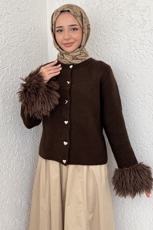 Kolları Püskül Detaylı Triko Hırka 07380 - KAHVERENGİ