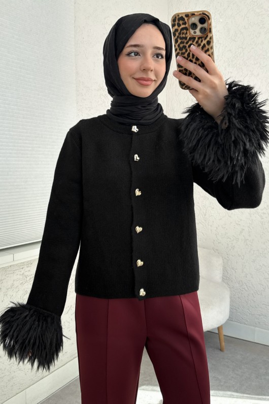 Kolları Püskül Detaylı Triko Hırka 07380 - SİYAH