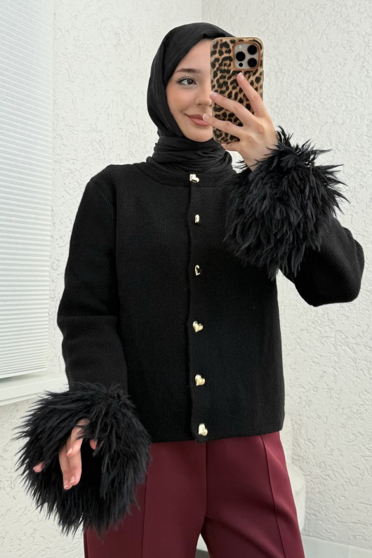 Kolları Püskül Detaylı Triko Hırka 07380 - SİYAH