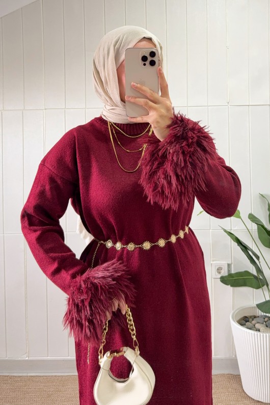 Kolları Püsküllü Triko Elbise 07409 - BORDO