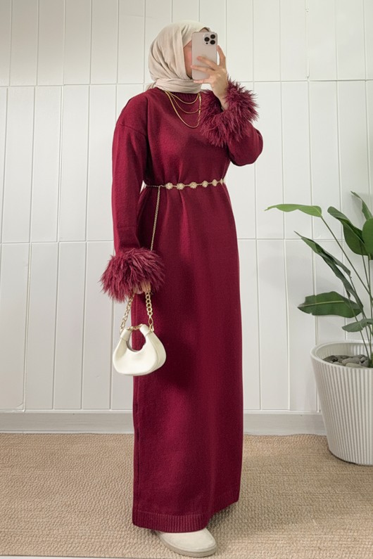 Kolları Püsküllü Triko Elbise 07409 - BORDO