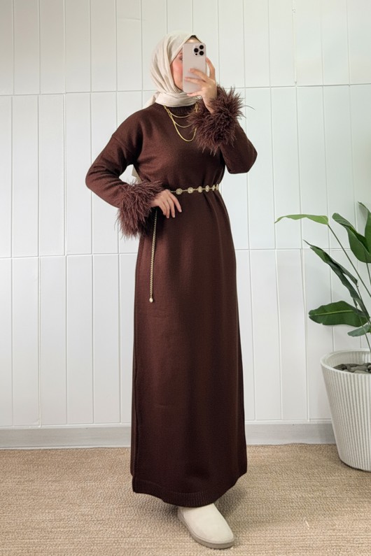 Kolları Püsküllü Triko Elbise 07409 - KAHVERENGİ