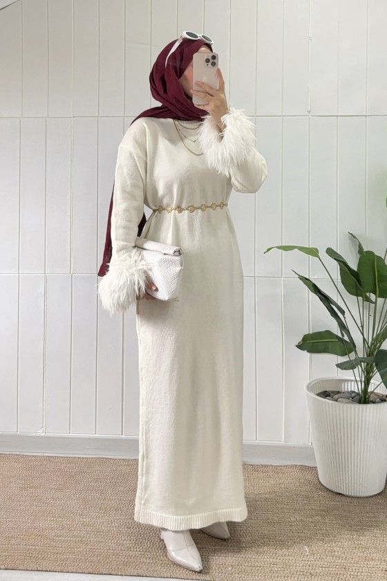 Kolları Püsküllü Triko Elbise 07409 - KREM