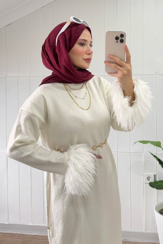 Kolları Püsküllü Triko Elbise 07409 - KREM