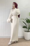 Kolları Püsküllü Triko Elbise 07409 - KREM