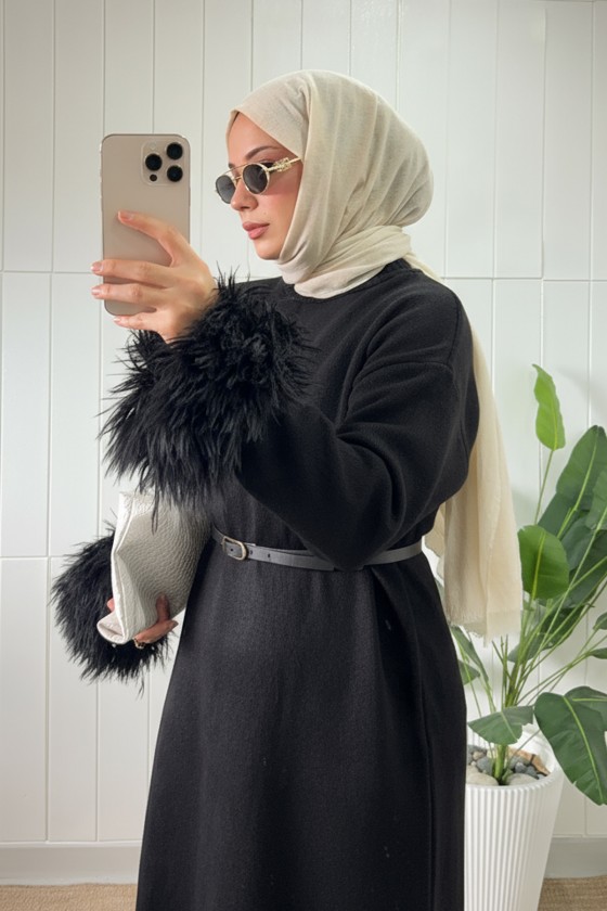 Kolları Püsküllü Triko Elbise 07409 - SİYAH