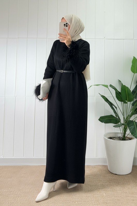 Kolları Püsküllü Triko Elbise 07409 - SİYAH