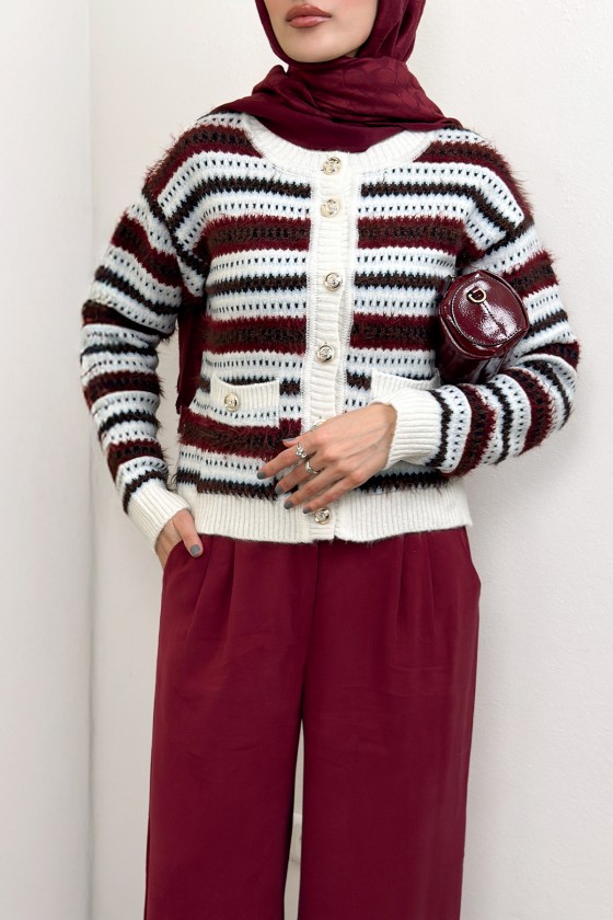 Çizgili Düğmeli Triko Hırka 07417 - BORDO