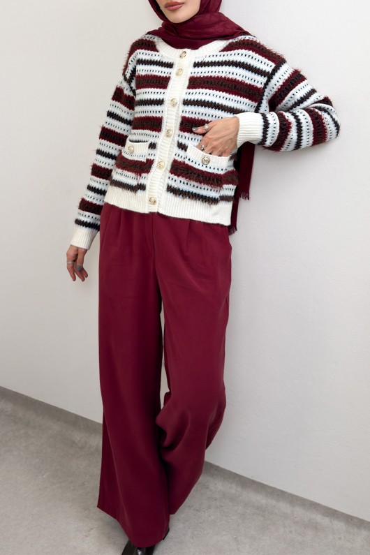 Çizgili Düğmeli Triko Hırka 07417 - BORDO