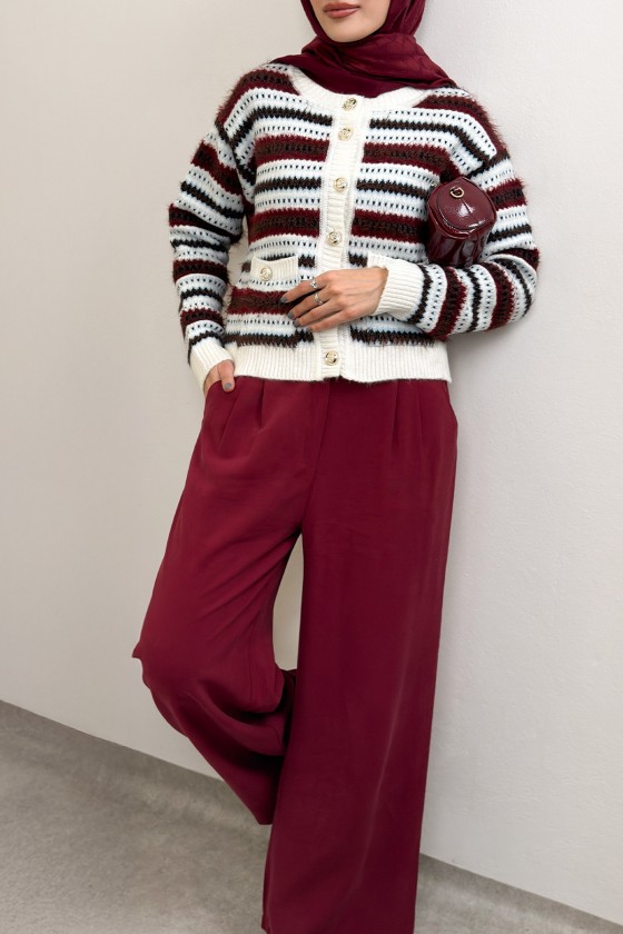 Çizgili Düğmeli Triko Hırka 07417 - BORDO