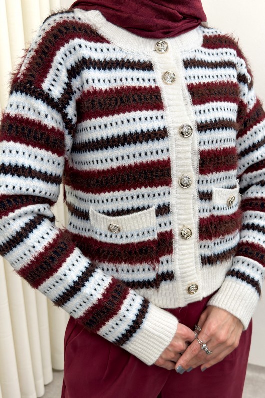 Çizgili Düğmeli Triko Hırka 07417 - BORDO