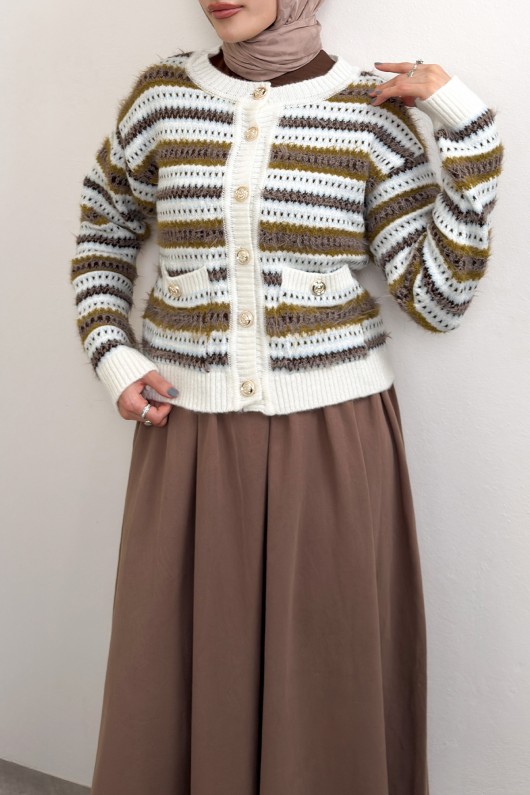 Çizgili Düğmeli Triko Hırka 07417 - KAHVERENGİ