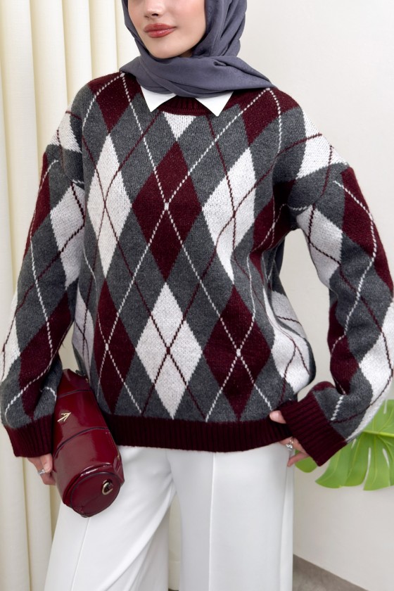 Baklava Desenli Kazak 07424 - BORDO