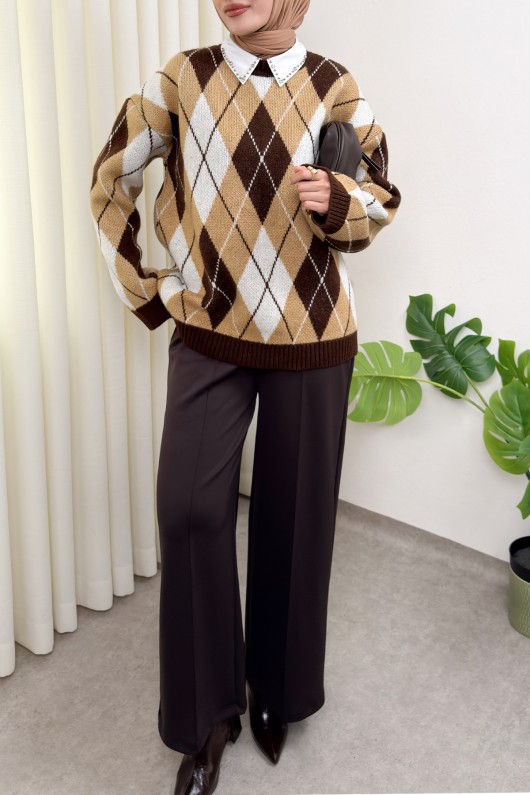 Baklava Desenli Kazak 07424 - KAHVERENGİ