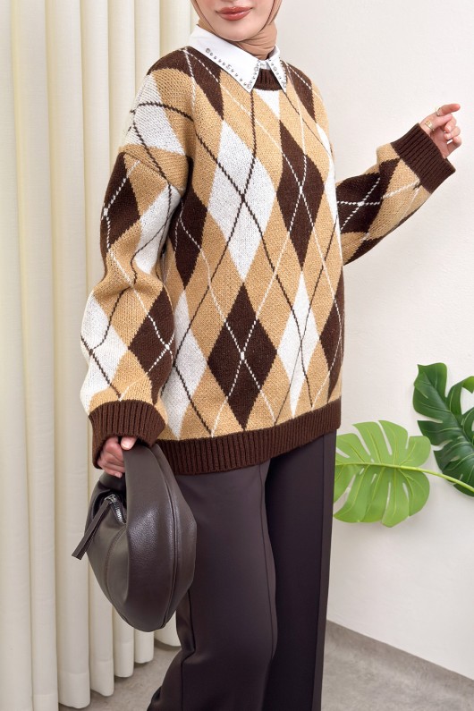 Baklava Desenli Kazak 07424 - KAHVERENGİ