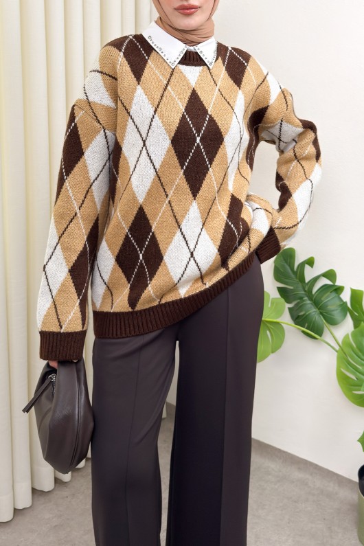 Baklava Desenli Kazak 07424 - KAHVERENGİ