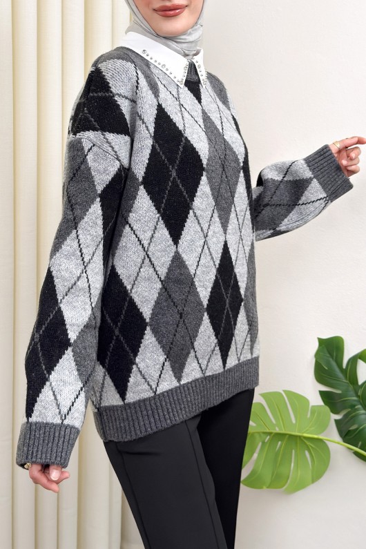 Baklava Desenli Kazak 07424 - ANTRASİT