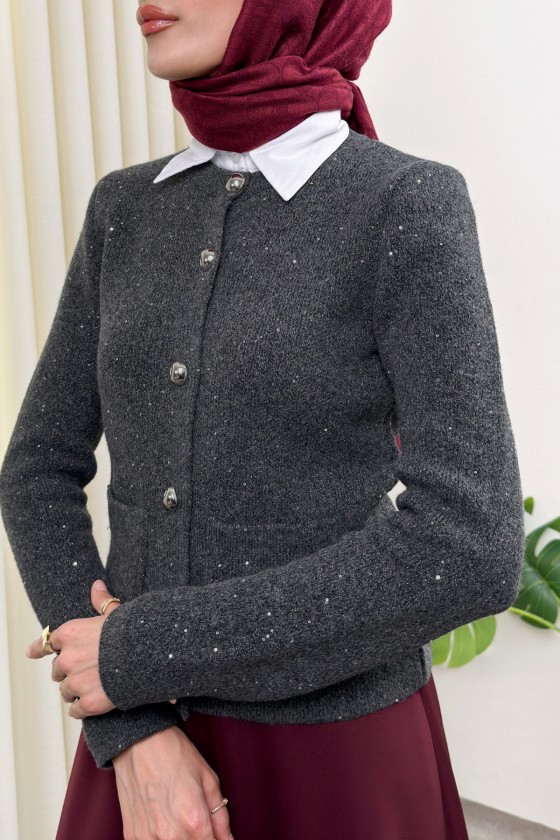 Parlak Pullu Düğmeli Triko Hırka 07426 - ANTRASİT